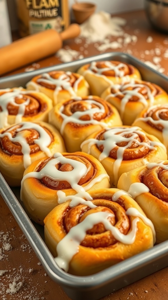 Homemade Cinnamon Roll Recipe A tray of golden brown homemade cinnamon rolls drizzled with icing, set in a rustic kitchen.